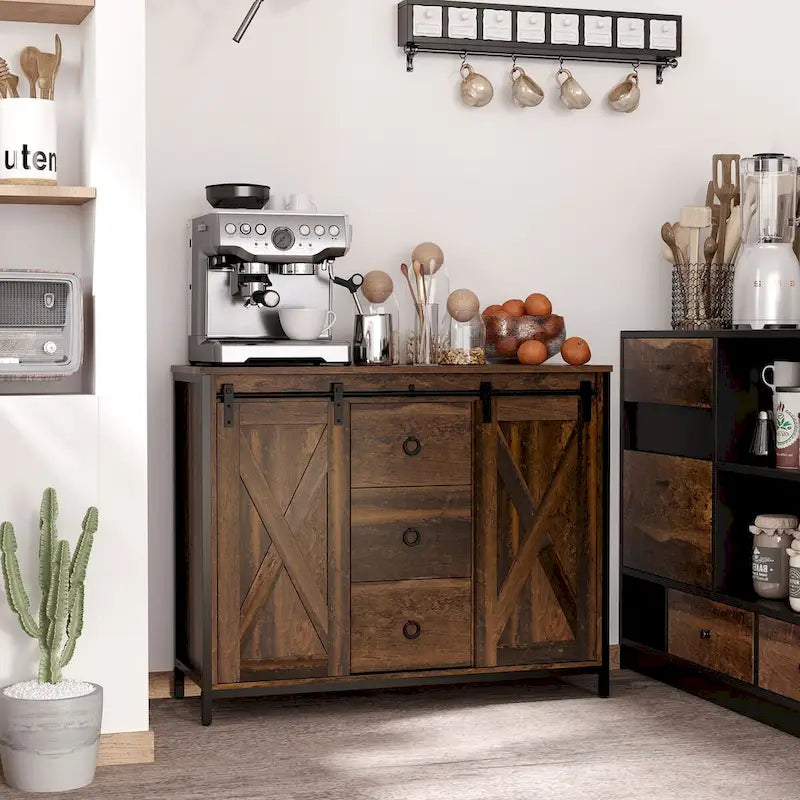 Industrial Farmhouse Buffet Cabinet, Kitchen Sideboard with Sliding Barn Doors, Three Drawers and Adjustable Shelves