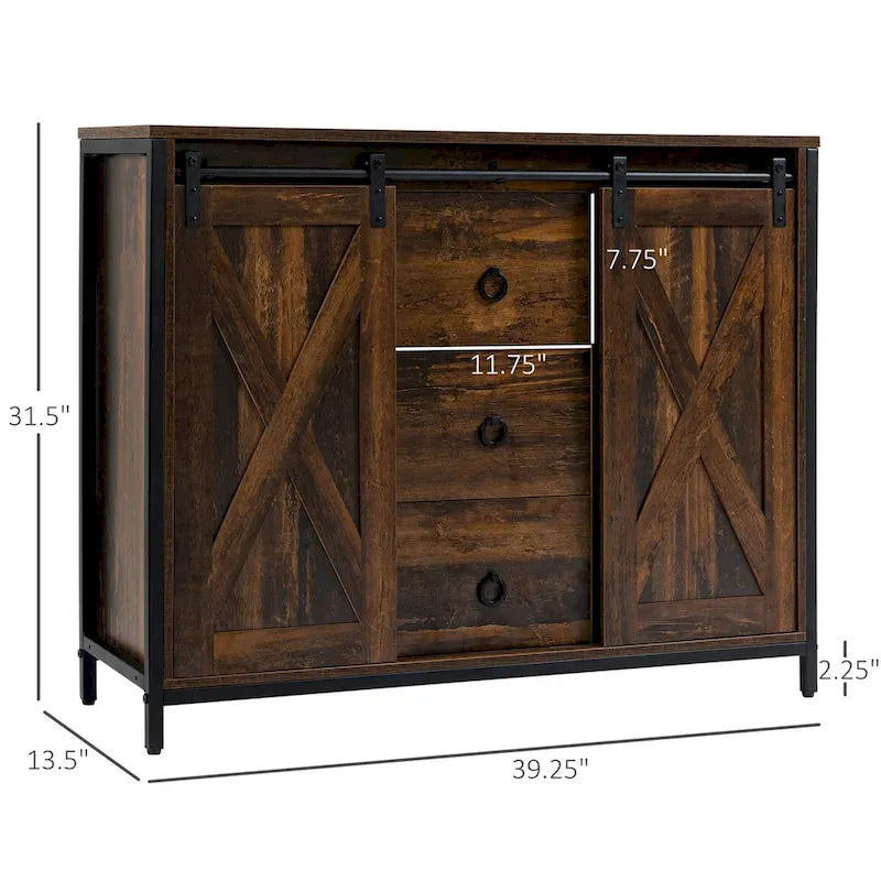 Industrial Farmhouse Buffet Cabinet, Kitchen Sideboard with Sliding Barn Doors, Three Drawers and Adjustable Shelves