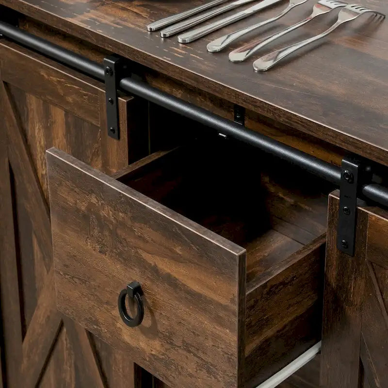 Industrial Farmhouse Buffet Cabinet, Kitchen Sideboard with Sliding Barn Doors, Three Drawers and Adjustable Shelves
