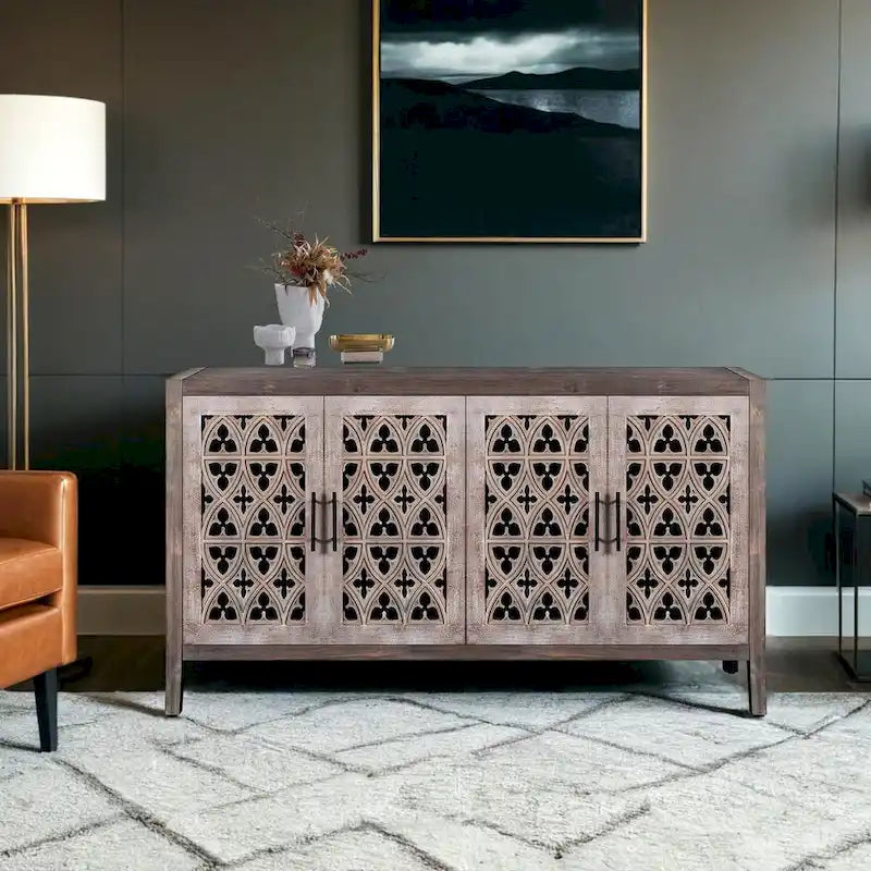 Hollow Four Door Antique Cabinet, American Country Style, Suitable for Living Room, TV Cabinet, Kitchen