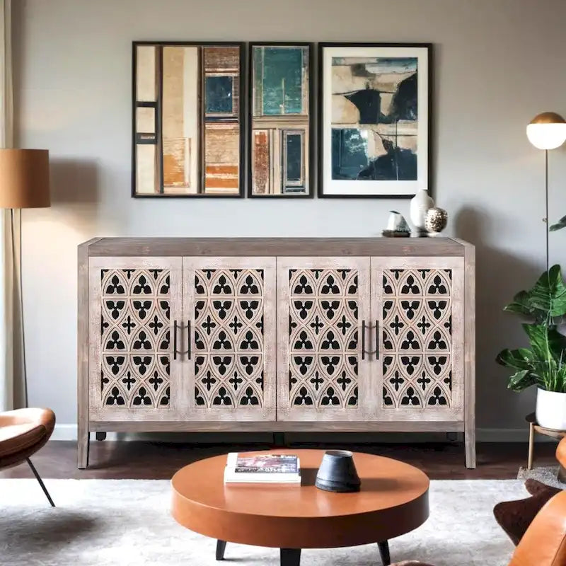 Hollow Four Door Antique Cabinet, American Country Style, Suitable for Living Room, TV Cabinet, Kitchen