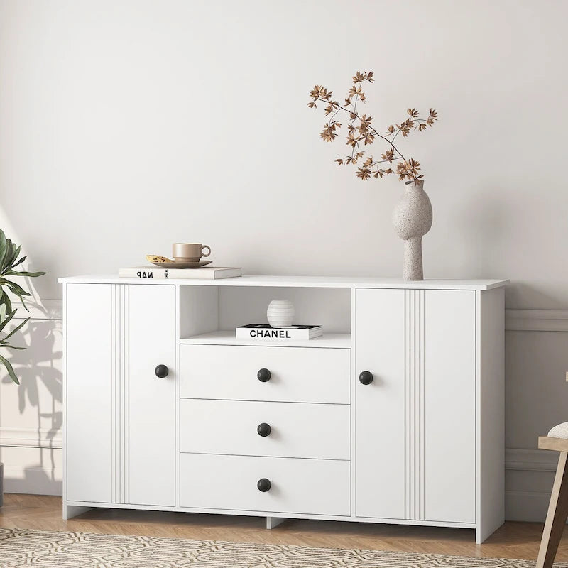 White 30 in. H Storage Cabinet with Adjustable Shelves, Modern Sideboard Buffet Cabinet with 3-Drawer and Doors