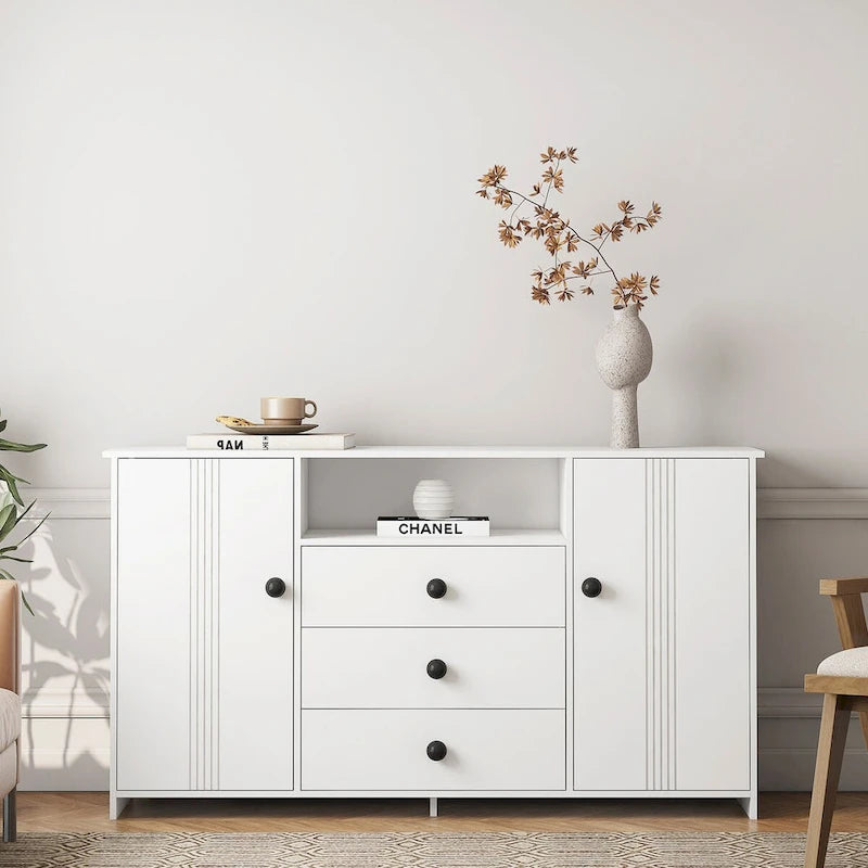 White 30 in. H Storage Cabinet with Adjustable Shelves, Modern Sideboard Buffet Cabinet with 3-Drawer and Doors