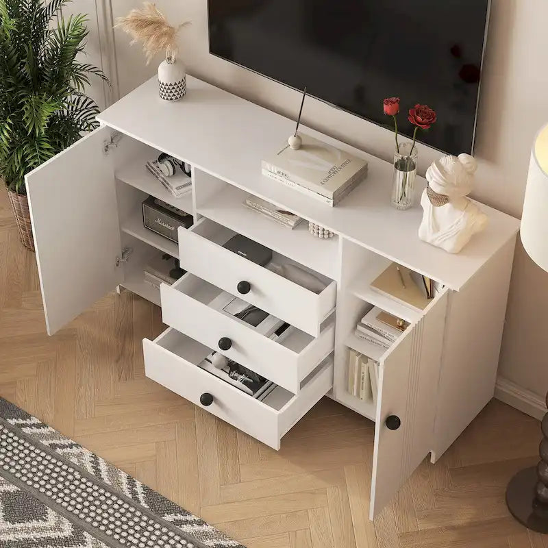 White 30 in. H Storage Cabinet with Adjustable Shelves, Modern Sideboard Buffet Cabinet with 3-Drawer and Doors