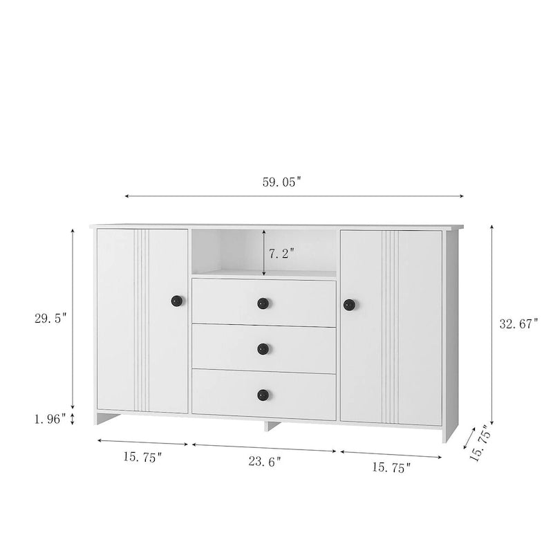 White 30 in. H Storage Cabinet with Adjustable Shelves, Modern Sideboard Buffet Cabinet with 3-Drawer and Doors