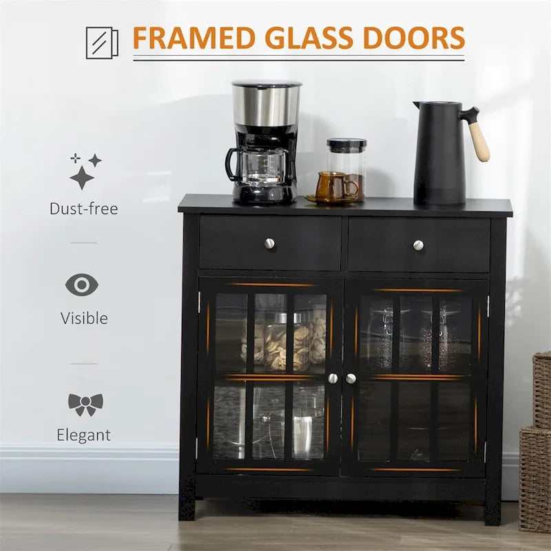 Glass Doors Buffet Cabinet with Adjustable Shelf and 2 Drawers - N/A