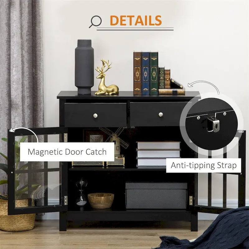 Glass Doors Buffet Cabinet with Adjustable Shelf and 2 Drawers - N/A