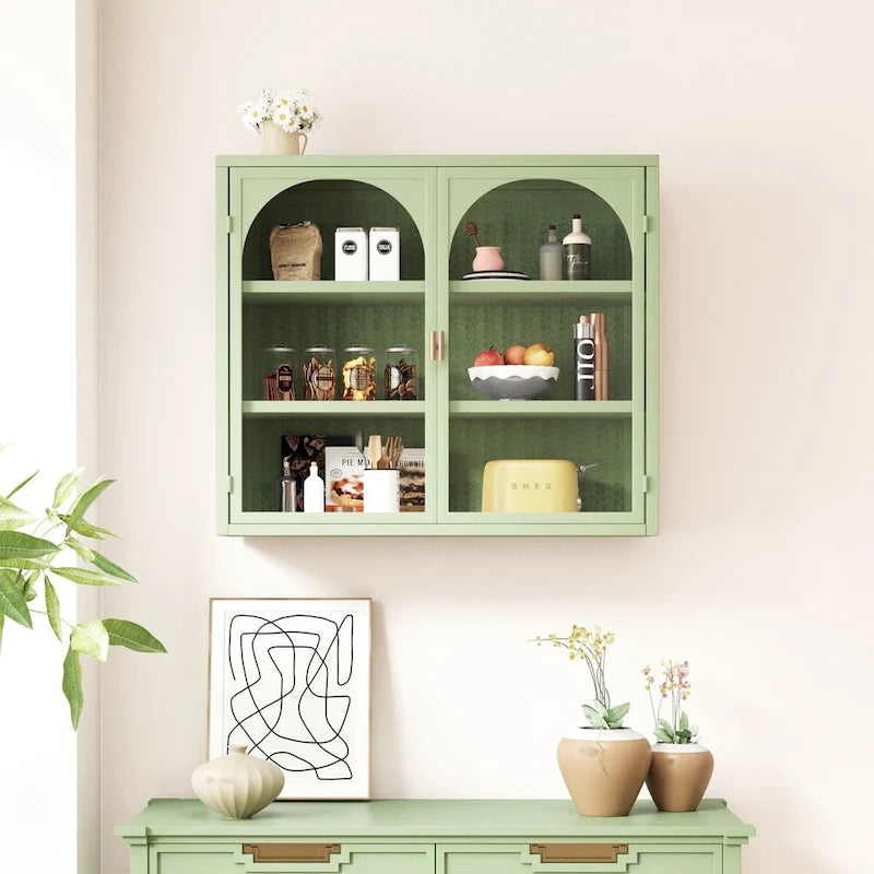 27.56Glass Doors Modern Two-door Wall Cabinet with Featuring Three-tier Storage for Entryway,with Characteristic Woven Pattern