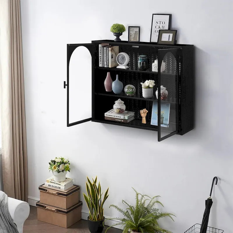 27.56Glass Doors Modern Two-door Wall Cabinet with Featuring Three-tier Storage for Entryway,with Characteristic Woven Pattern