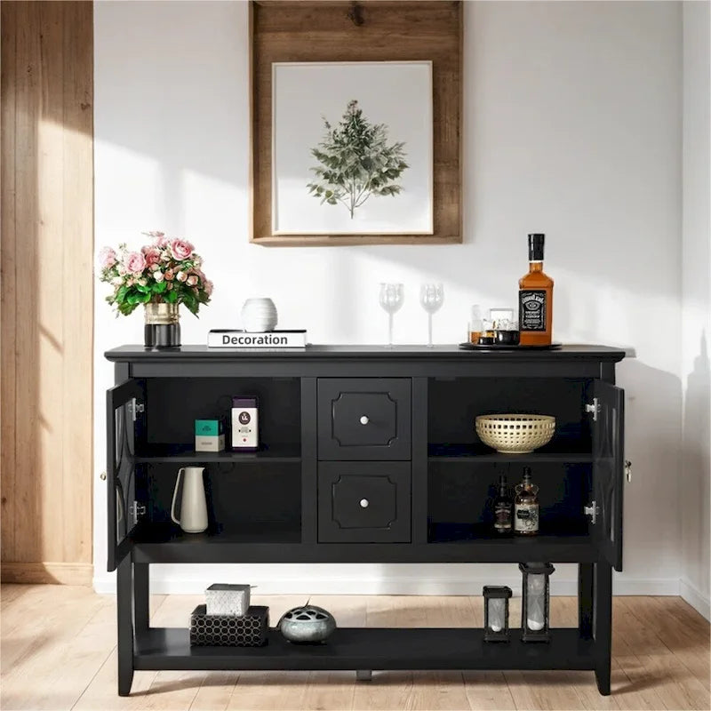 Wood Sideboard Buffet with Adjustable Shelves and Tempered Glass Doors