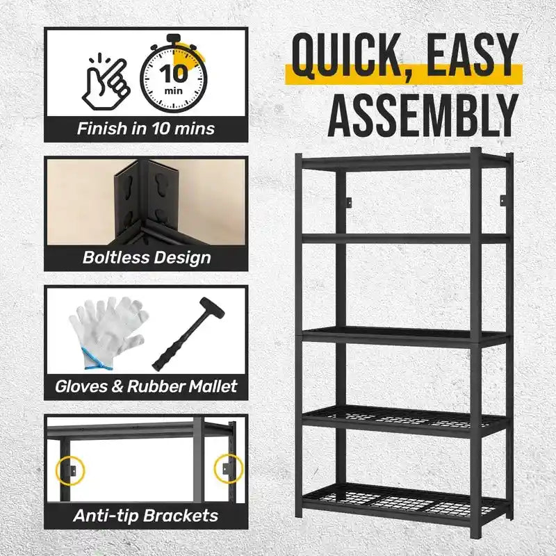 5-Tier Black Adjustable Metal Shelving Unit Heavy Duty Garage Storage