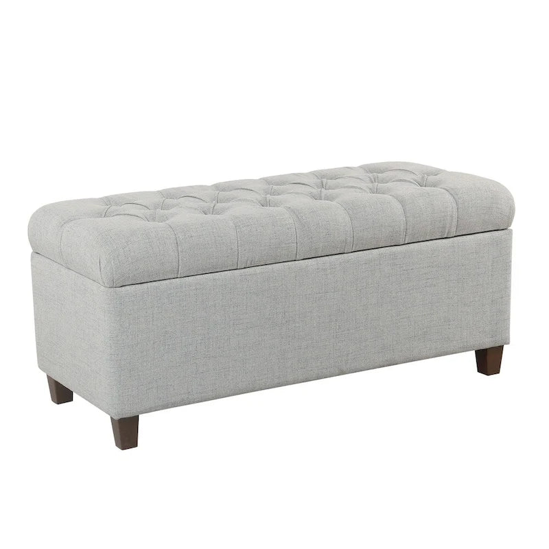 Fabric Upholstered Button Tufted Wooden Bench with Hinged Storage, Light Gray and Brown
