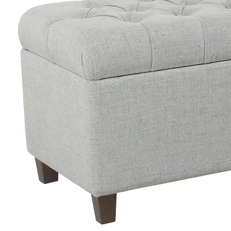 Fabric Upholstered Button Tufted Wooden Bench with Hinged Storage, Light Gray and Brown