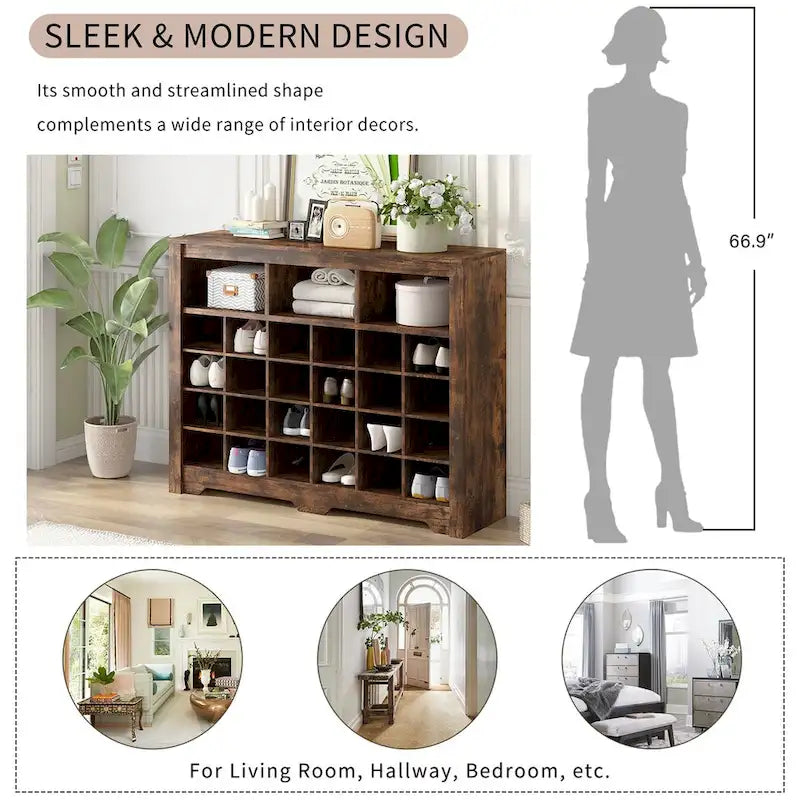 Sleek Design 24 Shoe Cubby Console, Modern Shoe Cabinet with Curved Base, Versatile Sideboard with High-quality for Hallway
