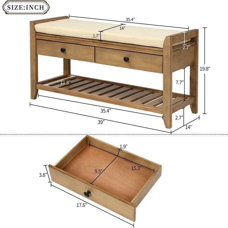 Shoe Storage Bench with Cushion - 39.4D x 13.8W x 18.9H