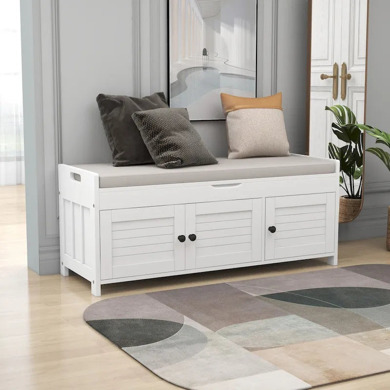 Storage Bench with 3 Shutter-shaped Doors, Shoe Bench with Removable Cushion and Hidden Storage Space