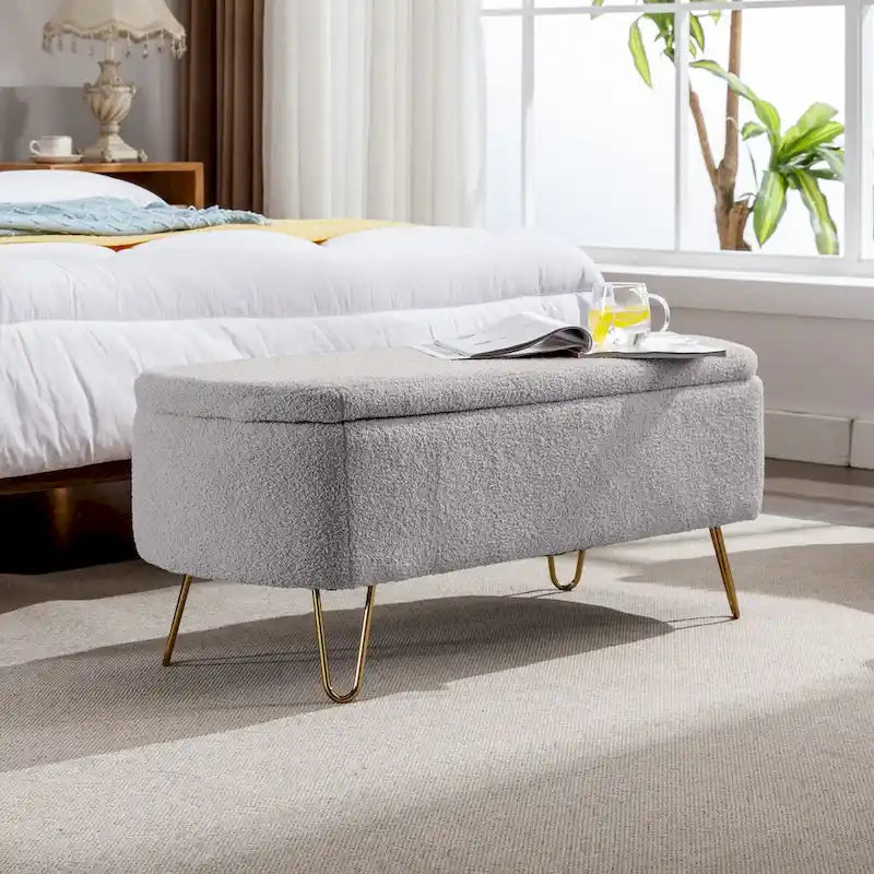 Grey Storage Ottoman Bench for End of Bed Gold Legs, Modern Grey Faux Fur Entryway Bench Upholstered Padded with Storage