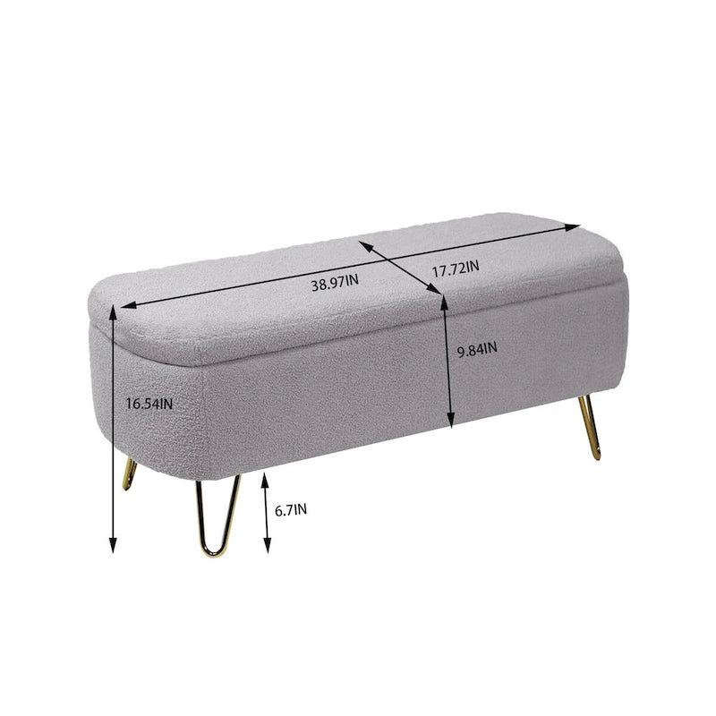 Grey Storage Ottoman Bench for End of Bed Gold Legs, Modern Grey Faux Fur Entryway Bench Upholstered Padded with Storage