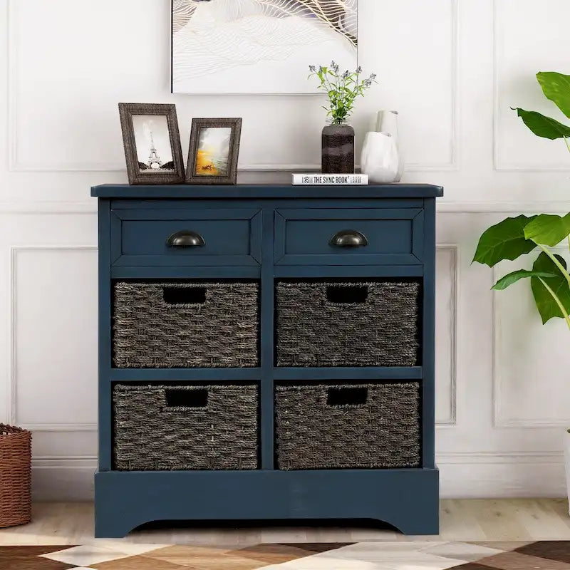 Rustic Storage Cabinet with Two Drawers and Four Classic Rattan Basket for Dining Room/Entryway/Living Room (Antique Navy)
