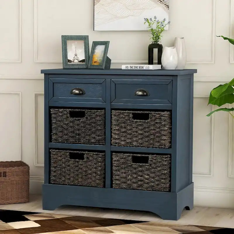 Rustic Storage Cabinet with Two Drawers and Four Classic Rattan Basket for Dining Room/Entryway/Living Room (Antique Navy)