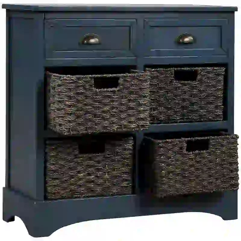 Rustic Storage Cabinet with Two Drawers and Four Classic Rattan Basket for Dining Room/Entryway/Living Room (Antique Navy)