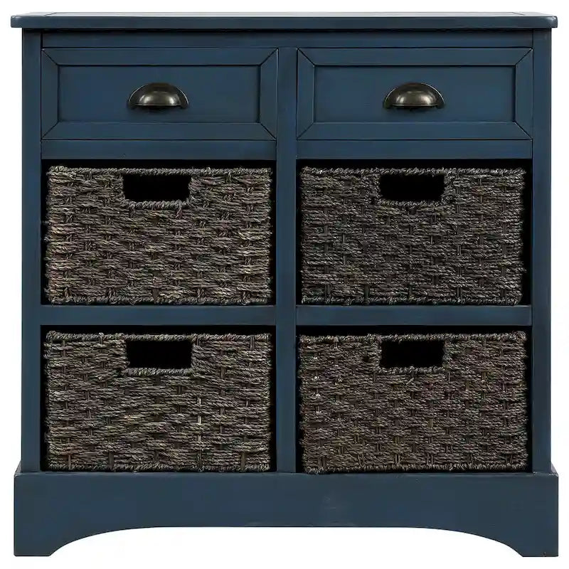Rustic Storage Cabinet with Two Drawers and Four Classic Rattan Basket for Dining Room/Entryway/Living Room (Antique Navy)