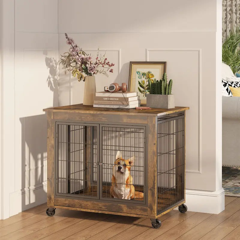 Furniture Style Dog Crate Side Table on Wheels with Double Doors and Lift Top,Rustic Brown,31.50 W x 22.05 D x 25 H.