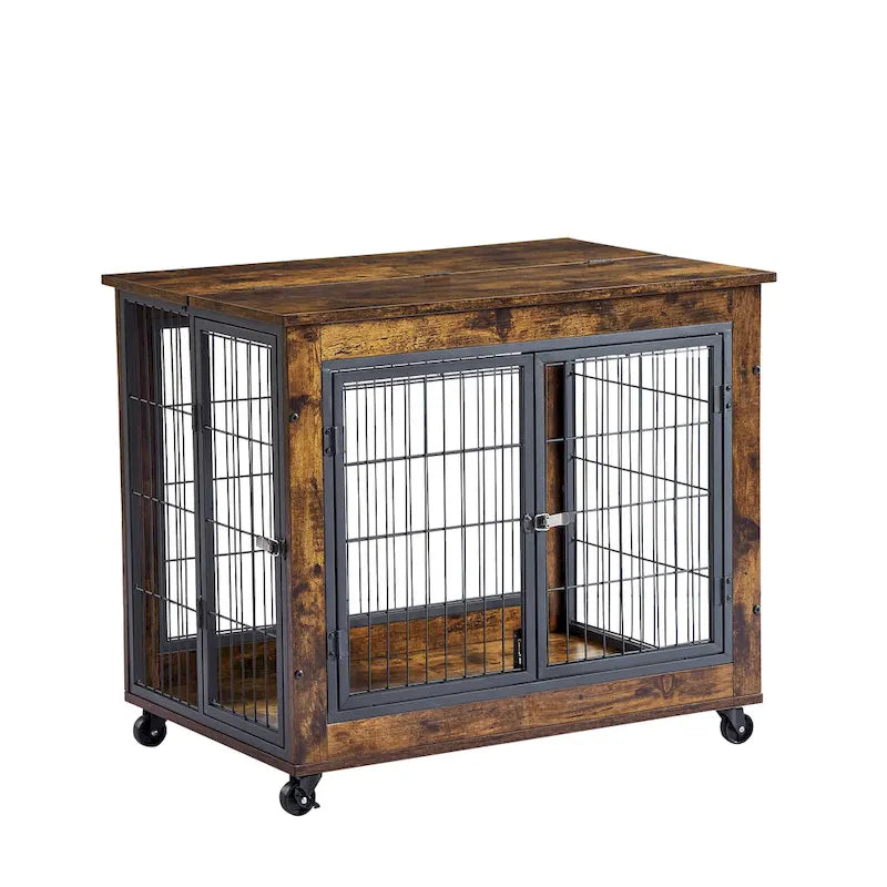 Furniture Style Dog Crate Side Table on Wheels with Double Doors and Lift Top,Rustic Brown,31.50 W x 22.05 D x 25 H.