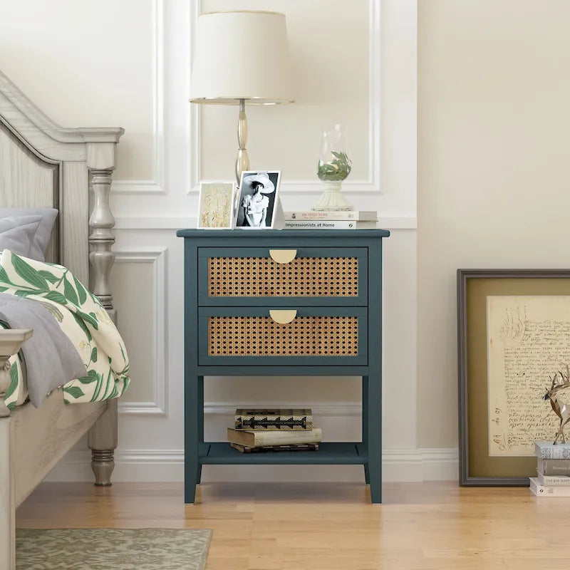 2 Drawer Side table,Naturel Rattan,End table,Suitable for bedroom, living room, study