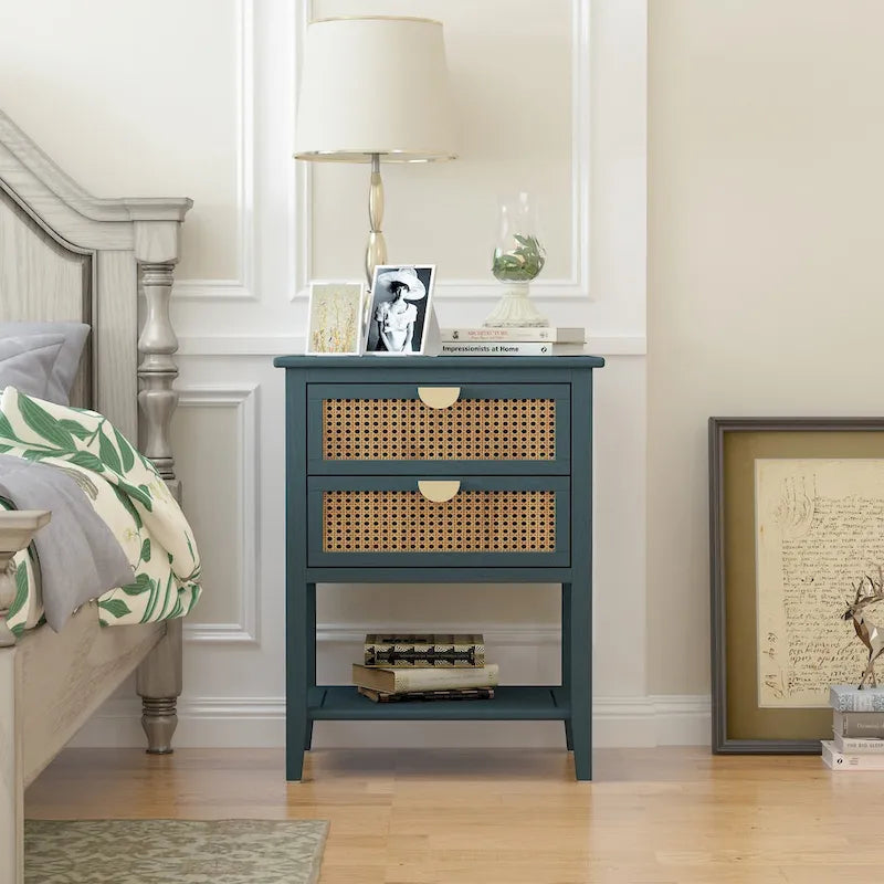 2 Drawer Side table,Naturel Rattan,End table,Suitable for bedroom, living room, study