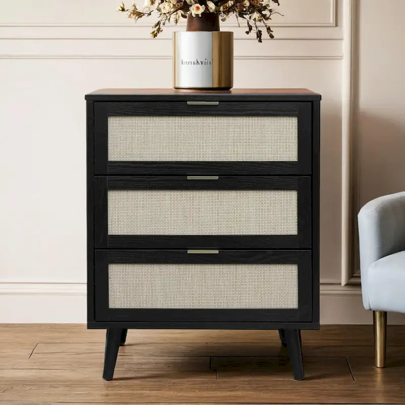 3 Drawer Cabinet, Suitable for bedroom, natural rattan and spandex silk,living room, study