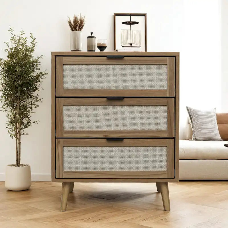 3 Drawer Cabinet, Suitable for bedroom, natural rattan and spandex silk,living room, study