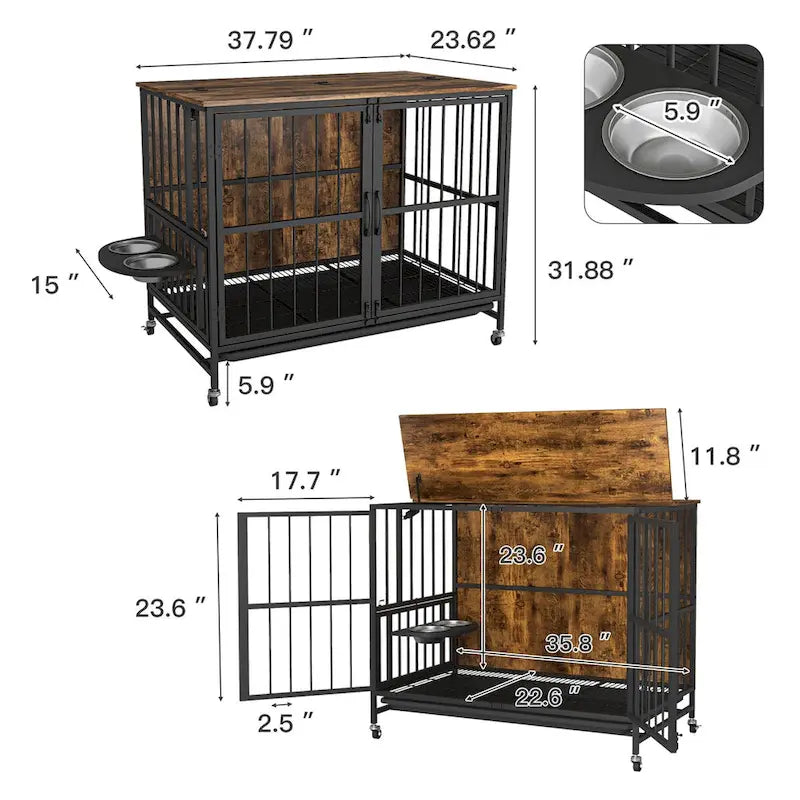Kennel Dogs room up to 80 LB with Rremovable Ttray,2 Door Dog House,lift Panel,360 Degree Rotation,3 Height Adjustable Bowls