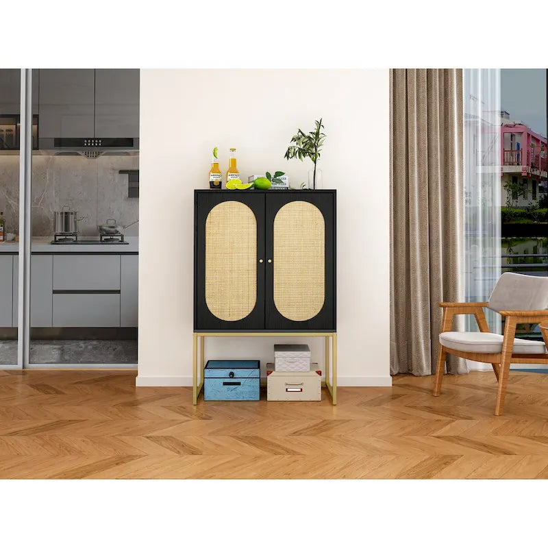 2 Door High Cabinet,Natural Rattan 2 Door high cabinet,Built-in adjustable shelf,Free Standing Cabinet