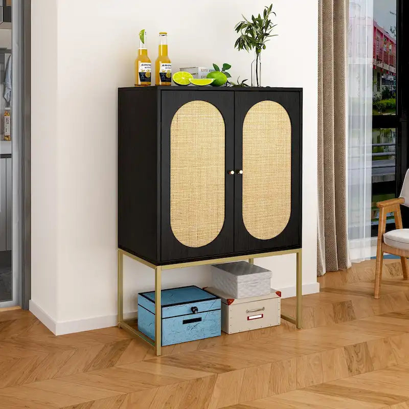2 Door High Cabinet,Natural Rattan 2 Door high cabinet,Built-in adjustable shelf,Free Standing Cabinet