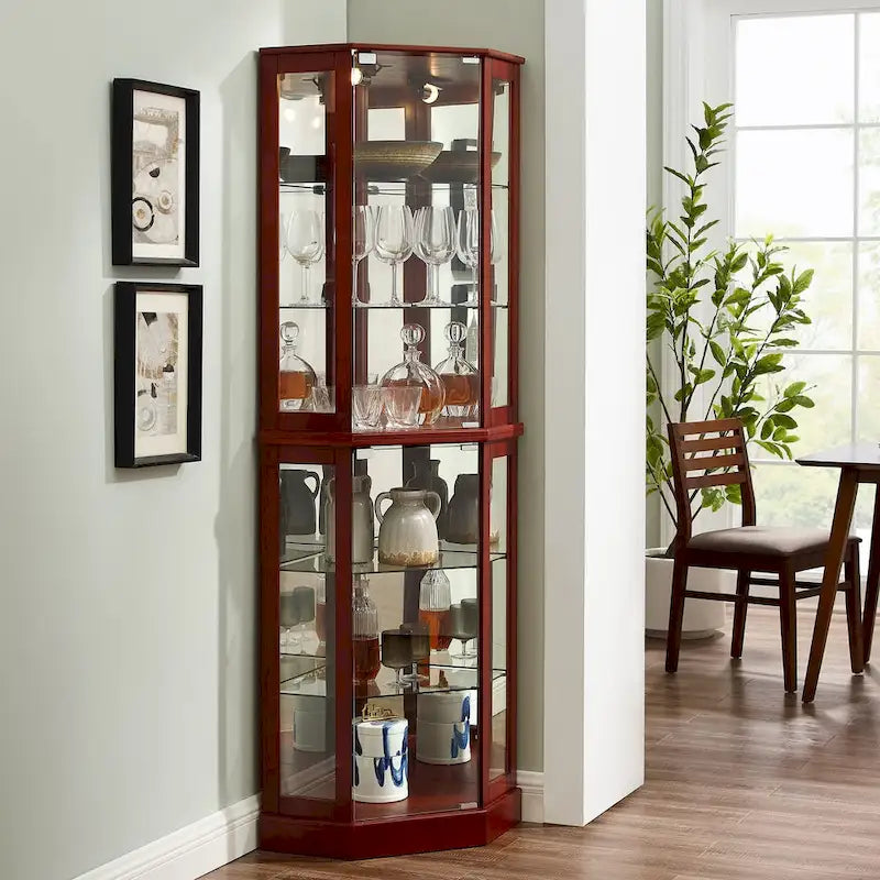 6 Shelf Corner Curio Display Cabinet with Lights, Mirrors and Adjustable Shelves, Cherry