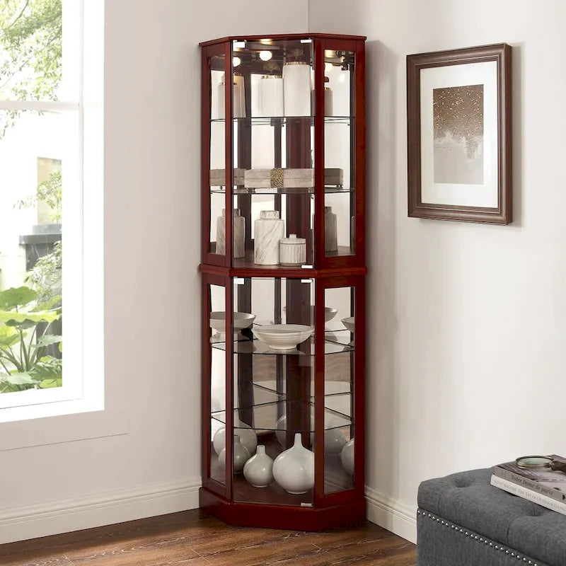 6 Shelf Corner Curio Display Cabinet with Lights, Mirrors and Adjustable Shelves, Cherry