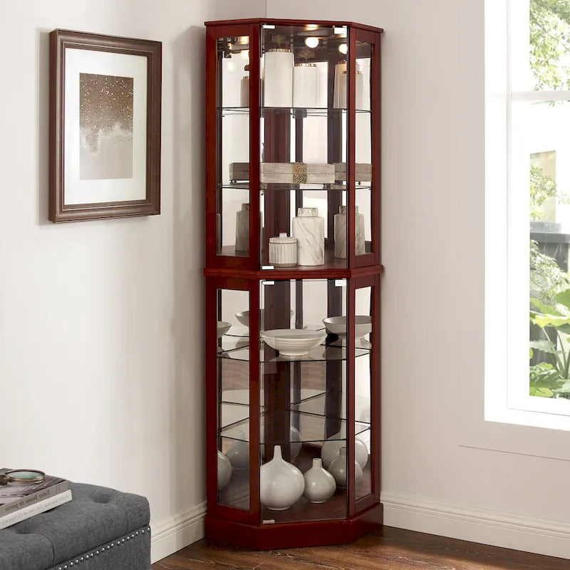 6 Shelf Corner Curio Display Cabinet with Lights, Mirrors and Adjustable Shelves, Cherry