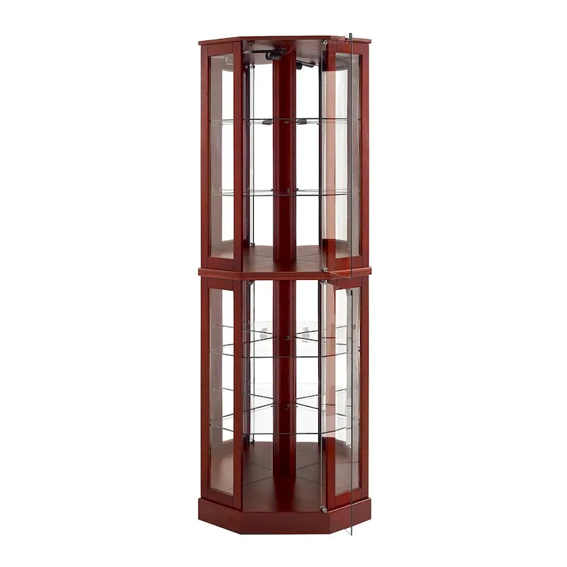 6 Shelf Corner Curio Display Cabinet with Lights, Mirrors and Adjustable Shelves, Cherry