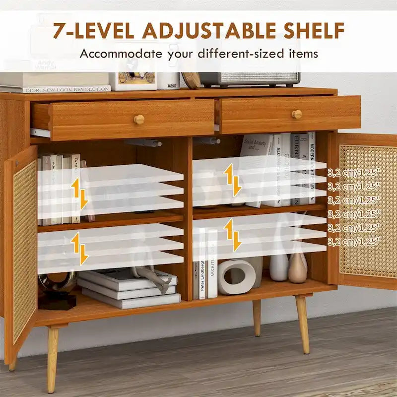 Rattan Doors Kitchen Cabinet with 2 Drawers and Adjustable Shelf - N/A