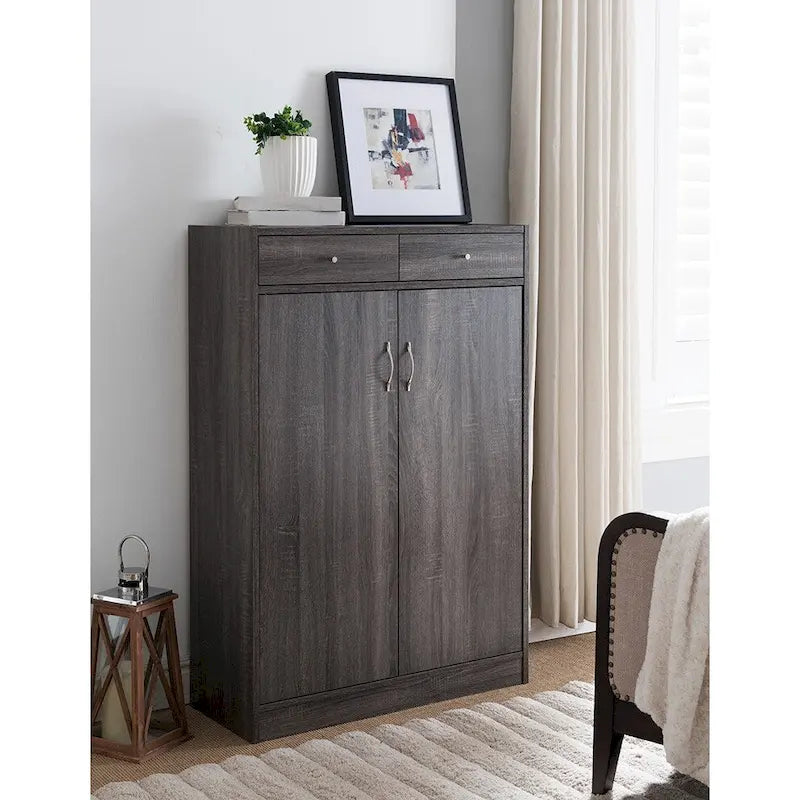 Shoe Cabinet, Two Door Storage Cabinet with Two Drawers, fits 15 Pair of Shoes- Distressed Grey
