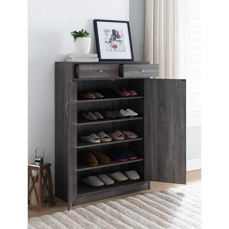 Shoe Cabinet, Two Door Storage Cabinet with Two Drawers, fits 15 Pair of Shoes- Distressed Grey