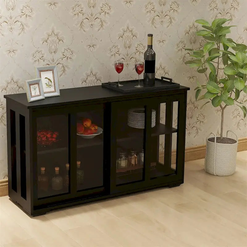 Sideboard Kitchen Buffet Storage, Adjustable Shelf & Glass Door, Black