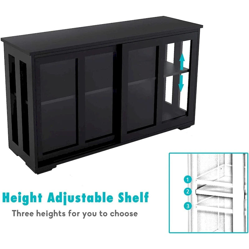 Sideboard Kitchen Buffet Storage, Adjustable Shelf & Glass Door, Black