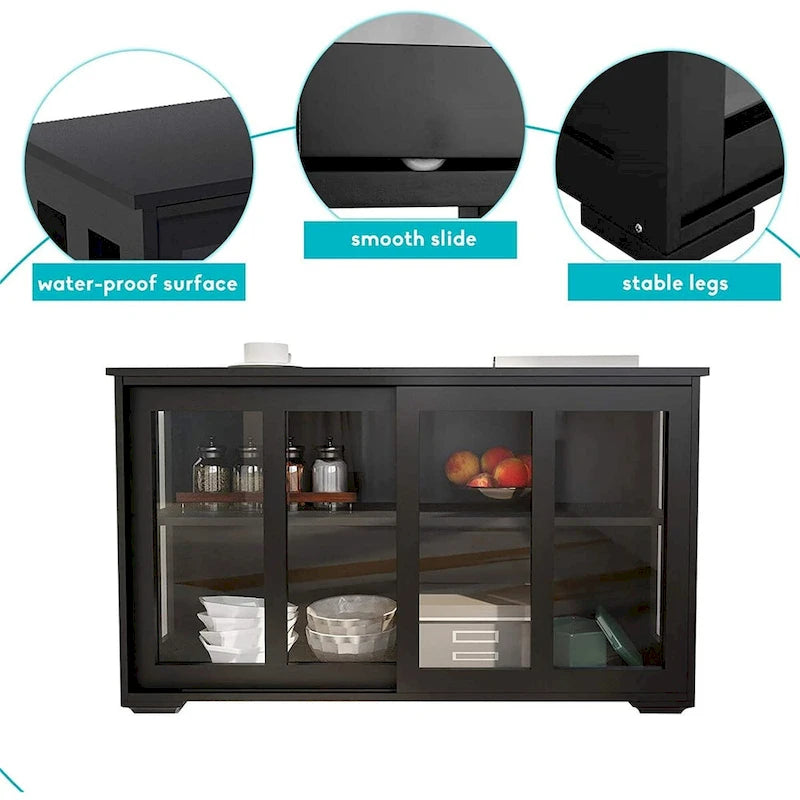 Sideboard Kitchen Buffet Storage, Adjustable Shelf & Glass Door, Black