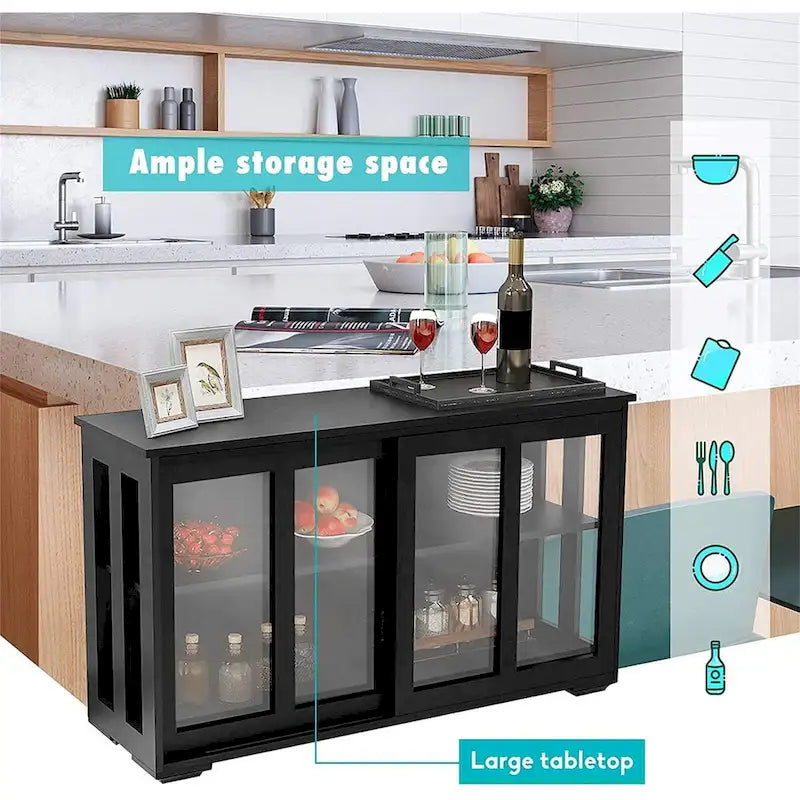 Sideboard Kitchen Buffet Storage, Adjustable Shelf & Glass Door, Black