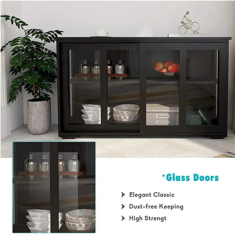 Sideboard Kitchen Buffet Storage, Adjustable Shelf & Glass Door, Black