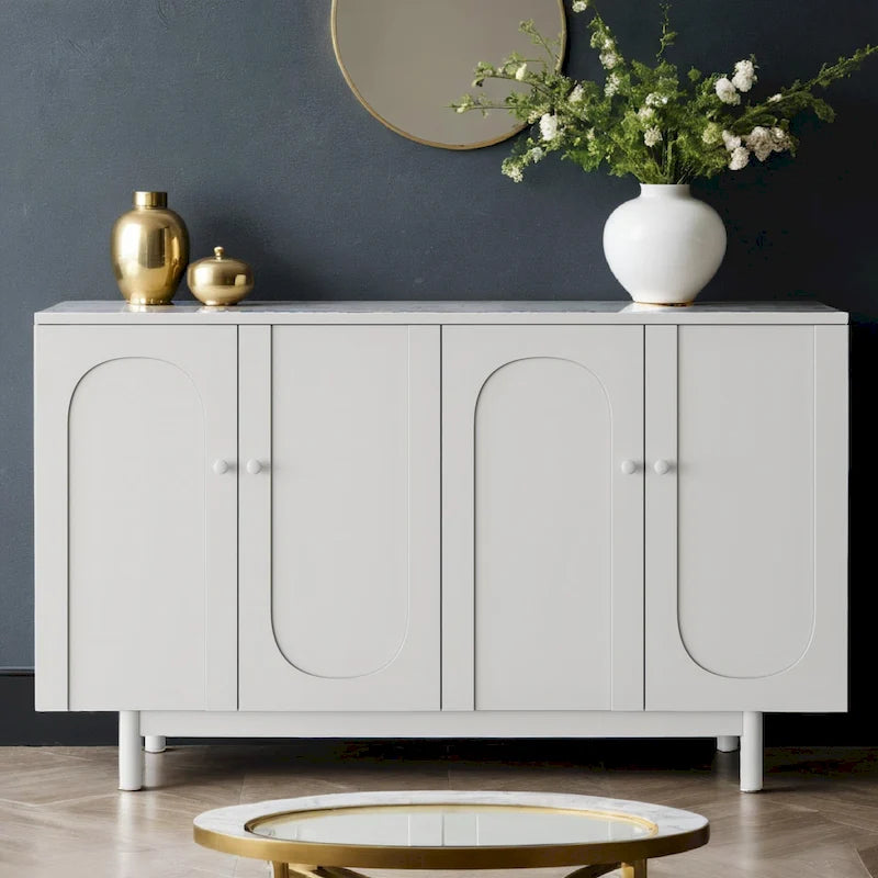 Modern 4 Door Intaglio Storage Cabinet with Adjustable Shelf, Stylish and Accent Cabinet with Pine Legs, Buffet Sideboard