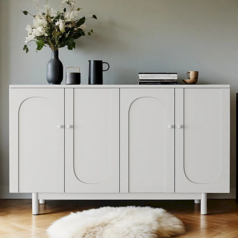Modern 4 Door Intaglio Storage Cabinet with Adjustable Shelf, Stylish and Accent Cabinet with Pine Legs, Buffet Sideboard