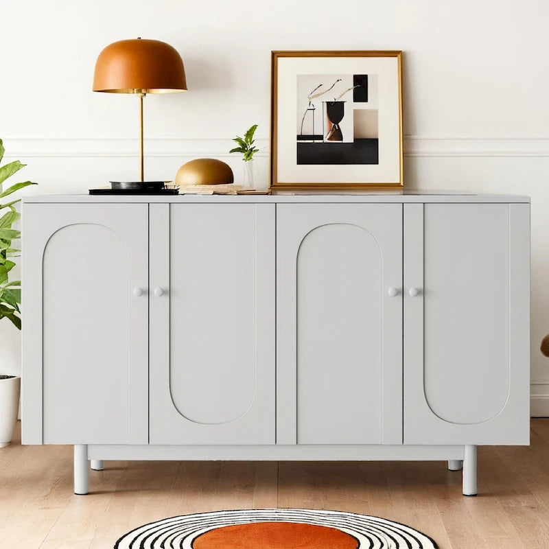Modern 4 Door Intaglio Storage Cabinet with Adjustable Shelf, Stylish and Accent Cabinet with Pine Legs, Buffet Sideboard